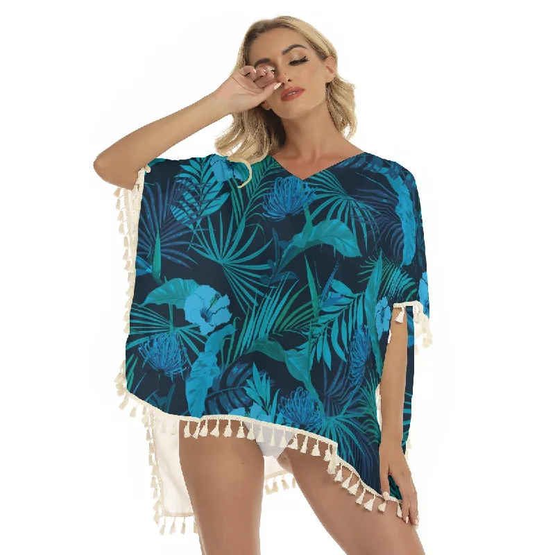 Blue Tropical Palm Leaves Beach Floral Flowers Print Women's Square Fringed Shawl, Bikini Cover Up High-leg bikini, Retro style, Sexy, Fashionable Blue Tropical Palm Leaves Beach Floral Flowers Print Women's Square Fringed Shawl, Bikini Cover Up High-leg bikini, Retro style, Sexy, Fashionable
