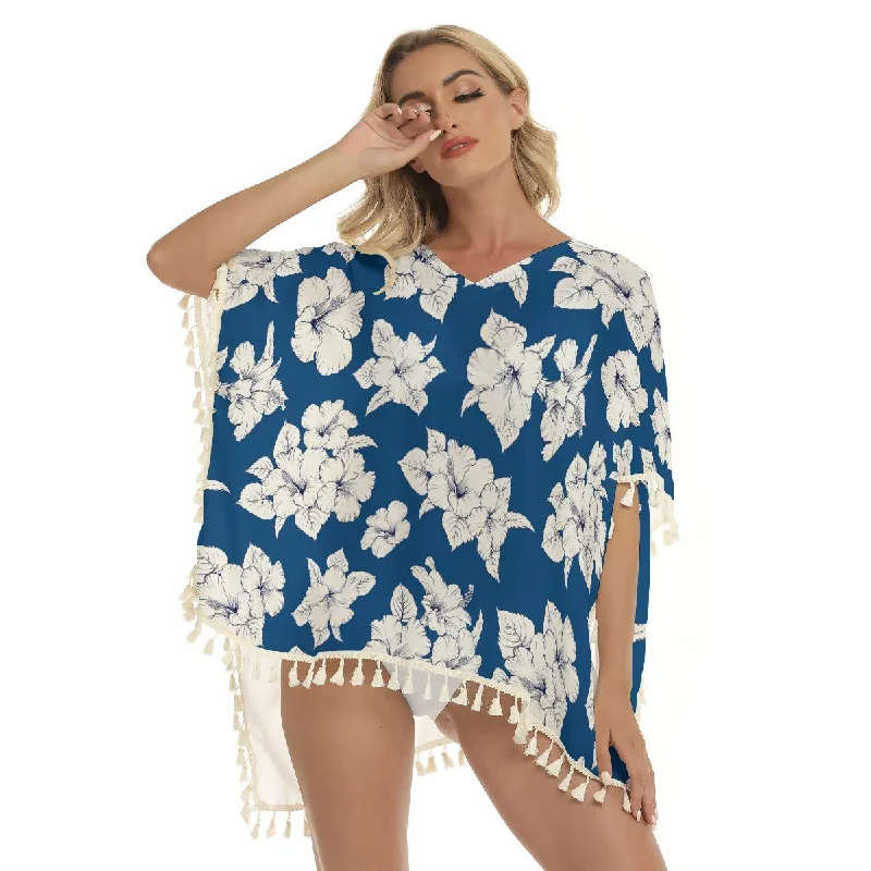 Blue White Floral Hibiscus Tropical Flowers Print Women's Square Fringed Shawl, Bikini Cover Up High-neck one-piece, Sporty, Chic, Sexy Blue White Floral Hibiscus Tropical Flowers Print Women's Square Fringed Shawl, Bikini Cover Up High-neck one-piece, Sporty, Chic, Sexy