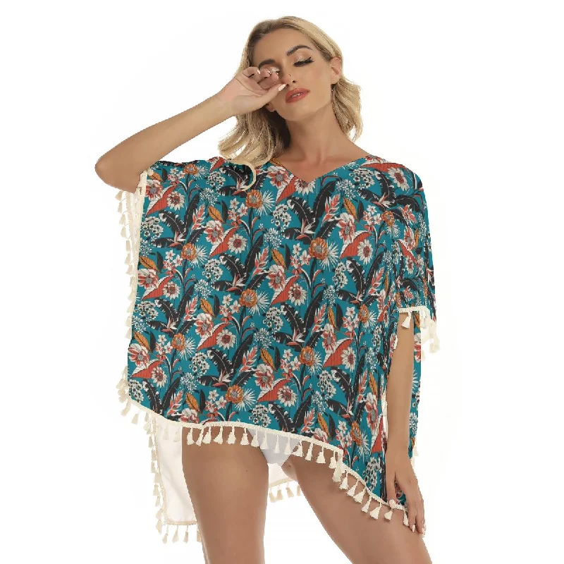 Teal Bohemian Floral Boho Flowers Print Women's Square Fringed Shawl, Bikini Cover Up High-leg swimwear, Sexy, Comfortable, Trendy Teal Bohemian Floral Boho Flowers Print Women's Square Fringed Shawl, Bikini Cover Up High-leg swimwear, Sexy, Comfortable, Trendy
