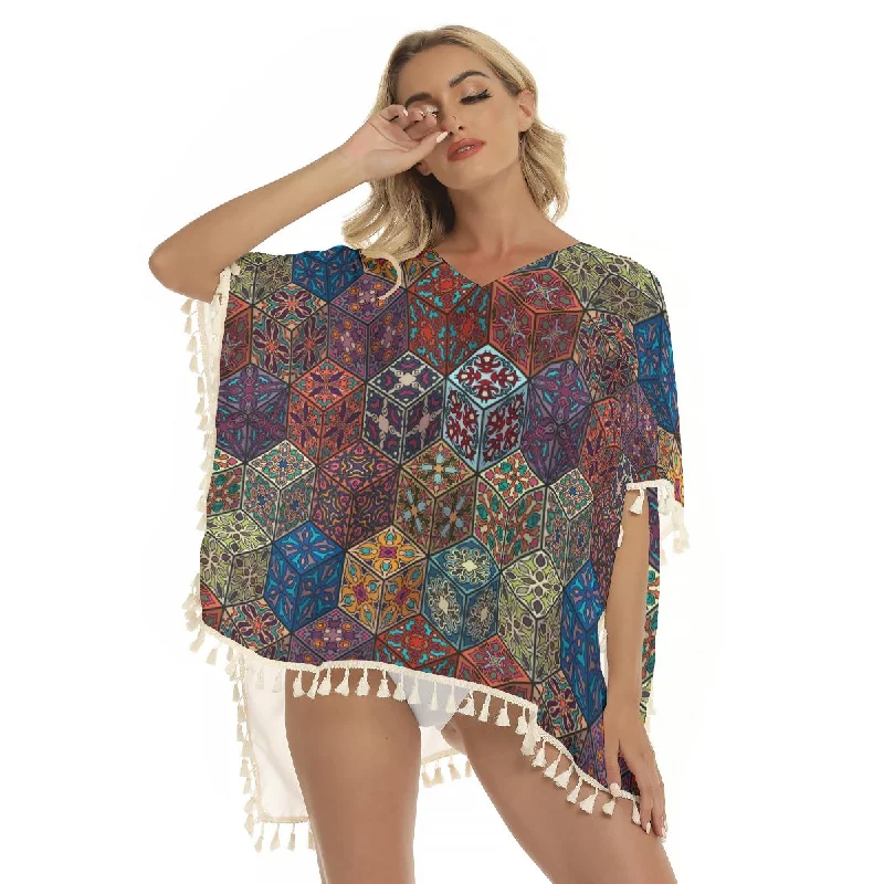 Bohemian Mandala Geometric Elements Boho Print Women's Square Fringed Shawl, Bikini Cover Up High-neck bikini top, Sexy, Trendy, Fashionable Bohemian Mandala Geometric Elements Boho Print Women's Square Fringed Shawl, Bikini Cover Up High-neck bikini top, Sexy, Trendy, Fashionable