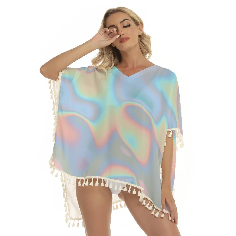 Ombre Cloud Iridescence Holographic Print Women's Square Fringed Shawl, Bikini Cover Up High-leg bikini, Retro, Sexy, Fashionable Ombre Cloud Iridescence Holographic Print Women's Square Fringed Shawl, Bikini Cover Up High-leg bikini, Retro, Sexy, Fashionable