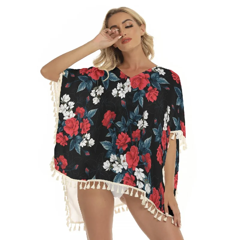 Red Roses Flowers Floral Rose Print Women's Square Fringed Shawl, Bikini Cover Up High-neck bikini top, Chic, Sexy, Comfortable Red Roses Flowers Floral Rose Print Women's Square Fringed Shawl, Bikini Cover Up High-neck bikini top, Chic, Sexy, Comfortable