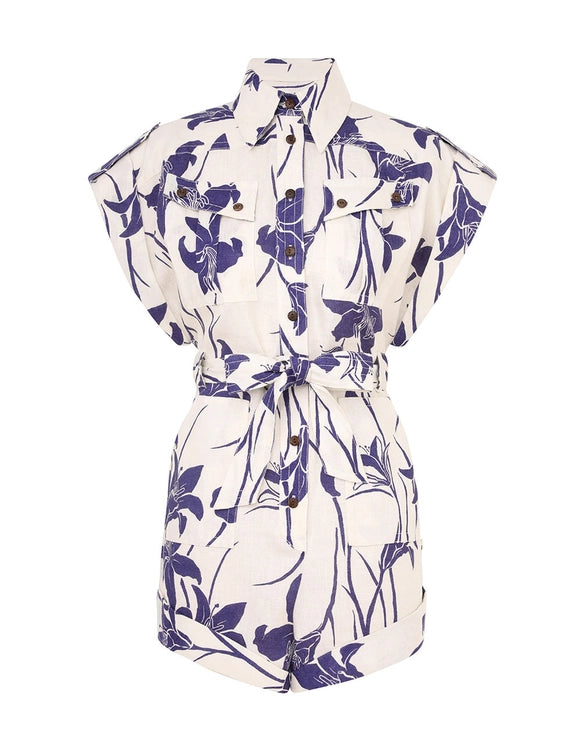 Acadian Cuffed Playsuit Ivory/Blue Floral Off-shoulder jumpsuit, Elegant design, Trendy, Night out Acadian Cuffed Playsuit Ivory/Blue Floral Off-shoulder jumpsuit, Elegant design, Trendy, Night out