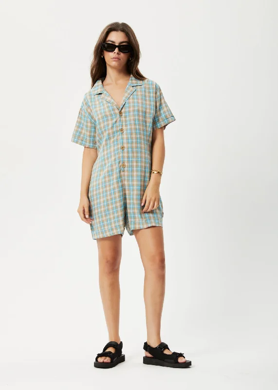 AFENDS Womens Millie Kokomo - Playsuit - Tan Check Wide leg jumpsuit, Summer vibes, Relaxed fit, Casual AFENDS Womens Millie Kokomo - Playsuit - Tan Check Wide leg jumpsuit, Summer vibes, Relaxed fit, Casual