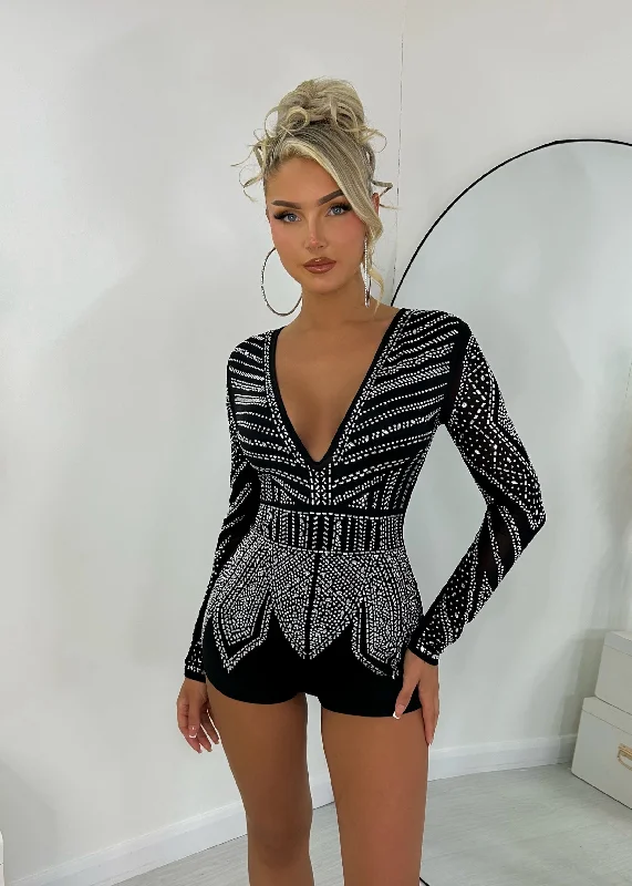 Bejeweled Embellished Playsuit with V Neckline - Black Ruffle jumpsuit, Feminine, Trendy, Party attire Bejeweled Embellished Playsuit with V Neckline - Black Ruffle jumpsuit, Feminine, Trendy, Party attire