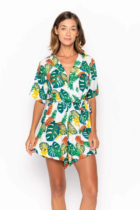 Kataya, Tropical Ananas White, Mini Playsuit One-piece jumpsuit, Simple design, Comfortable, Fashionable Kataya, Tropical Ananas White, Mini Playsuit One-piece jumpsuit, Simple design, Comfortable, Fashionable