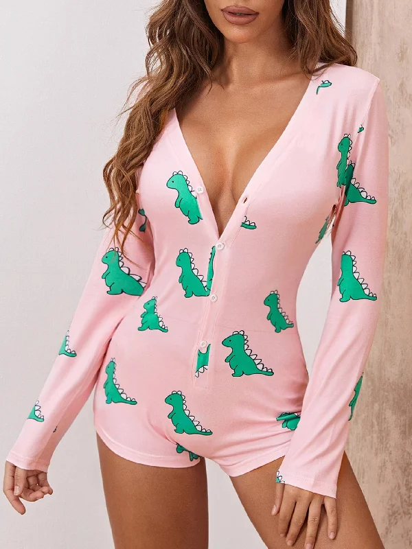 Long Sleeve Dinosaur Playsuit Off-shoulder wide-leg jumpsuit, Elegant, Fashionable, Stylish