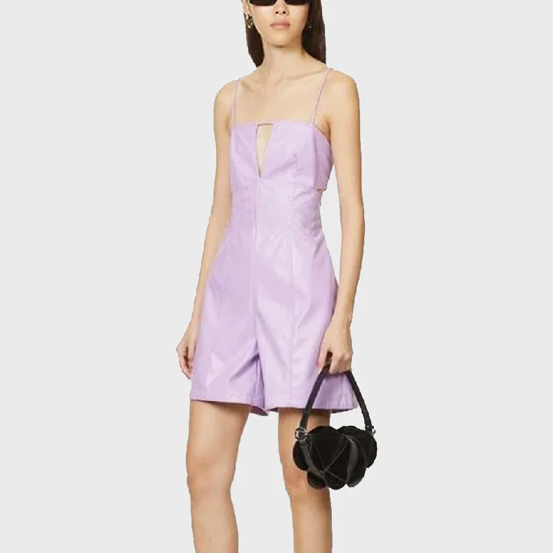 Minimal Purple Women Leather Playsuit Ruffle sleeve jumpsuit, Feminine, Elegant, Comfortable Minimal Purple Women Leather Playsuit Ruffle sleeve jumpsuit, Feminine, Elegant, Comfortable