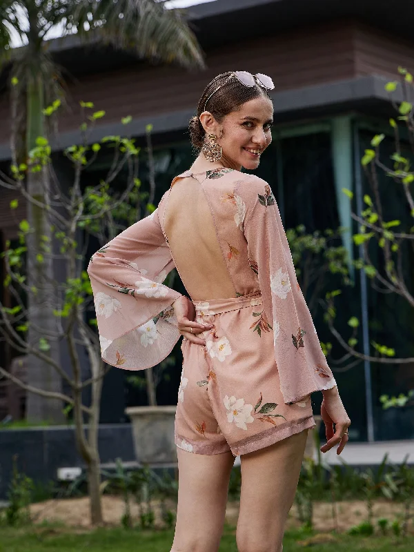 Women Nude Floral Back Cut Out Playsuit Button-up jumpsuit, Relaxed fit, Trendy, Comfortable Women Nude Floral Back Cut Out Playsuit Button-up jumpsuit, Relaxed fit, Trendy, Comfortable