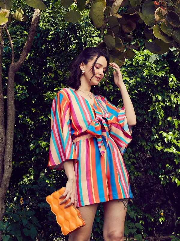 Women Multi Stripe Front Tie Knot Playsuit Boho jumpsuit, Relaxed fit, Trendy, Stylish Women Multi Stripe Front Tie Knot Playsuit Boho jumpsuit, Relaxed fit, Trendy, Stylish