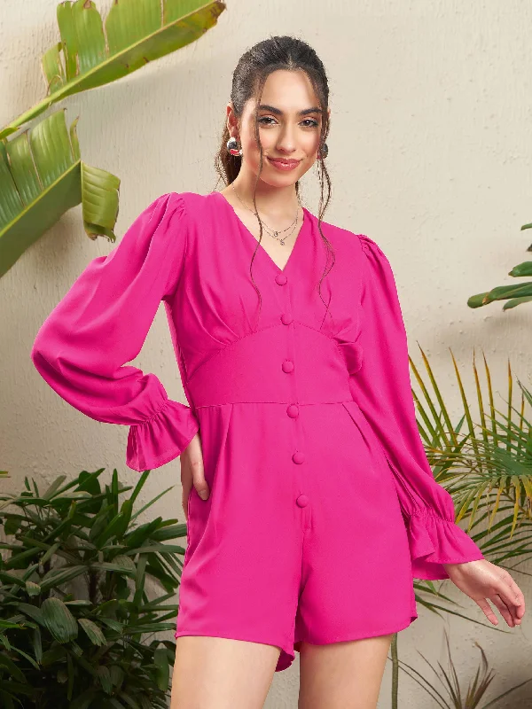 Women Pink Front Button Playsuit Plus size jumpsuit, Curvy fit, Comfort, Stylish