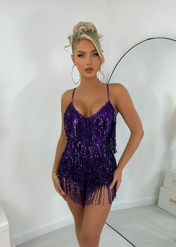 Shake It Off Playsuit - Purple Ruffle jumpsuit, Feminine touch, Trendy, Party wear