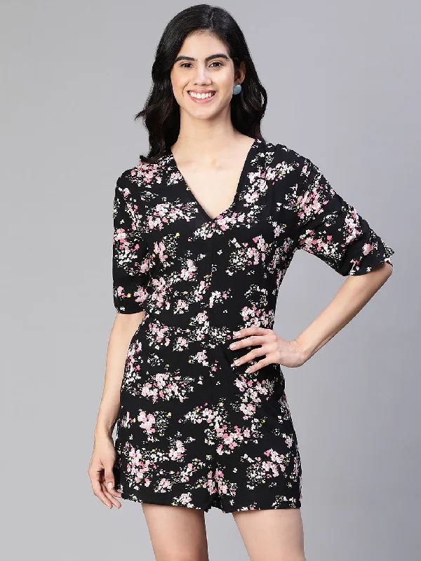 Women Floral Print Black V-Neck Playsuit-S23114WOV002 Ruffled jumpsuit, Feminine, Elegant, Stylish Women Floral Print Black V-Neck Playsuit-S23114WOV002 Ruffled jumpsuit, Feminine, Elegant, Stylish