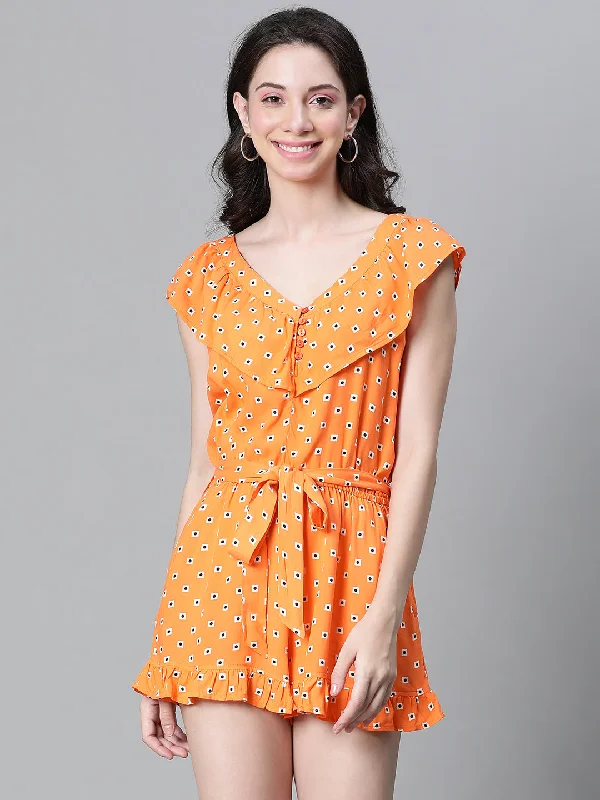 Women Orange Floral Print V-Neck Elasticated Tie-Knot Belted Playsuit-W23017WOV002 Strap jumpsuit, Casual, Relaxed fit, Trendy Women Orange Floral Print V-Neck Elasticated Tie-Knot Belted Playsuit-W23017WOV002 Strap jumpsuit, Casual, Relaxed fit, Trendy