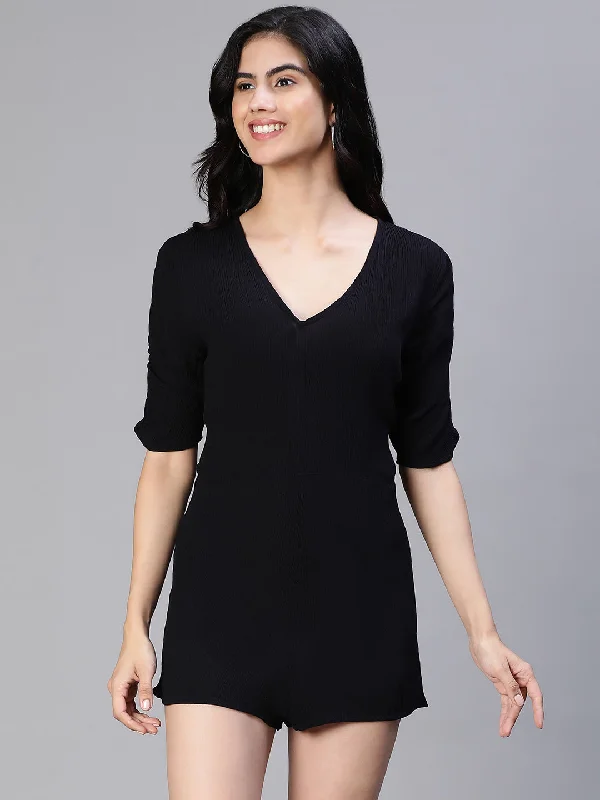 Women Soild Black V-Neck Playsuit-S23114WOV004 Summer jumpsuit, Casual, Comfortable, Chic Women Soild Black V-Neck Playsuit-S23114WOV004 Summer jumpsuit, Casual, Comfortable, Chic