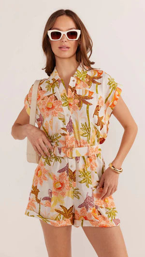 MINK PINK - Sarai Belted Playsuit - Batik Tropical Slim fit jumpsuit, Trendy, Sleek, Comfortable MINK PINK - Sarai Belted Playsuit - Batik Tropical Slim fit jumpsuit, Trendy, Sleek, Comfortable
