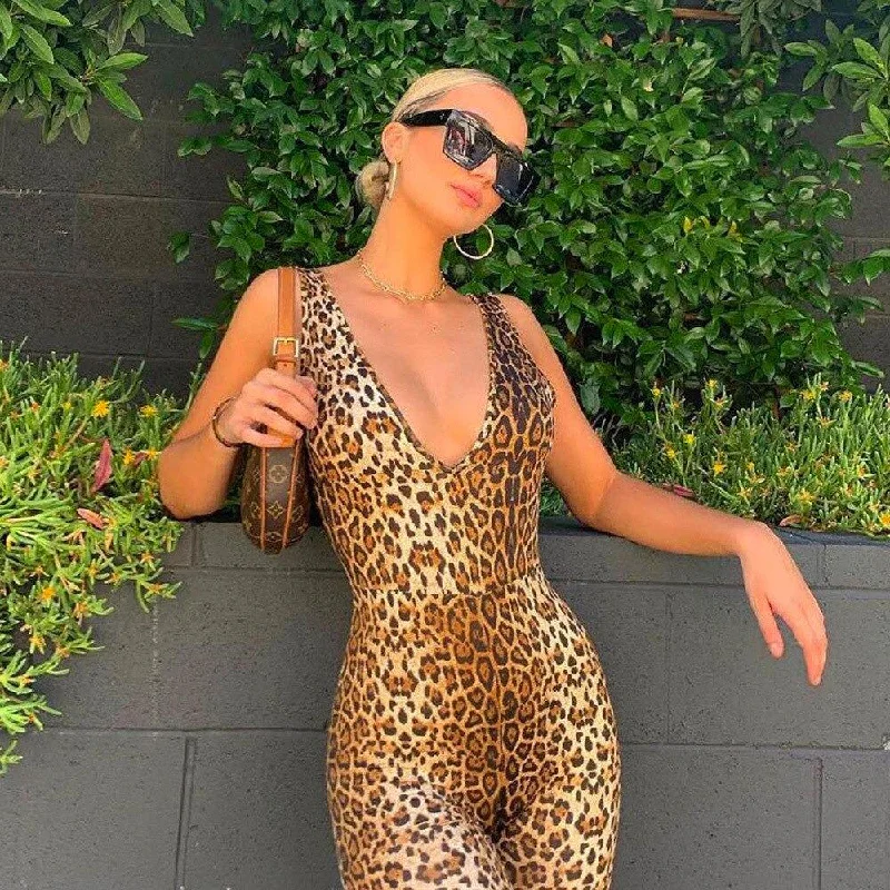 Leopard V Neck Fitness Playsuits Bold print jumpsuit, Trendy, Chic, Casual