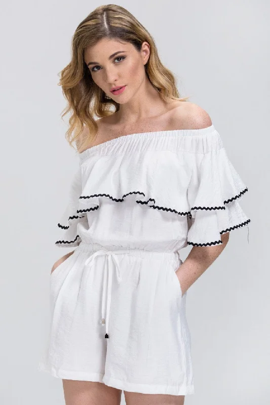 White Ruffled Off the Shoulder Drawstring Playsuit Backless wide leg jumpsuit, Sexy, Chic, Trendy White Ruffled Off the Shoulder Drawstring Playsuit Backless wide leg jumpsuit, Sexy, Chic, Trendy