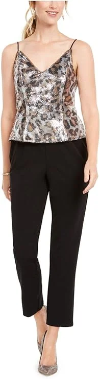 Adrianna Papell V-Neck Spaghetti Strap Popover Zipper Back Mesh Crepe Jumpsuit Lightweight jumpsuit, Comfortable, Relaxed, Fashionable Adrianna Papell V-Neck Spaghetti Strap Popover Zipper Back Mesh Crepe Jumpsuit Lightweight jumpsuit, Comfortable, Relaxed, Fashionable