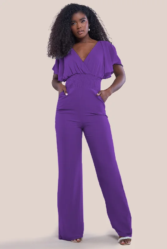 Goddiva Chiffon Jumpsuit With Flutter Sleeves - Purple Elegant jumpsuit, Wide leg, Party wear, Stylish Goddiva Chiffon Jumpsuit With Flutter Sleeves - Purple Elegant jumpsuit, Wide leg, Party wear, Stylish