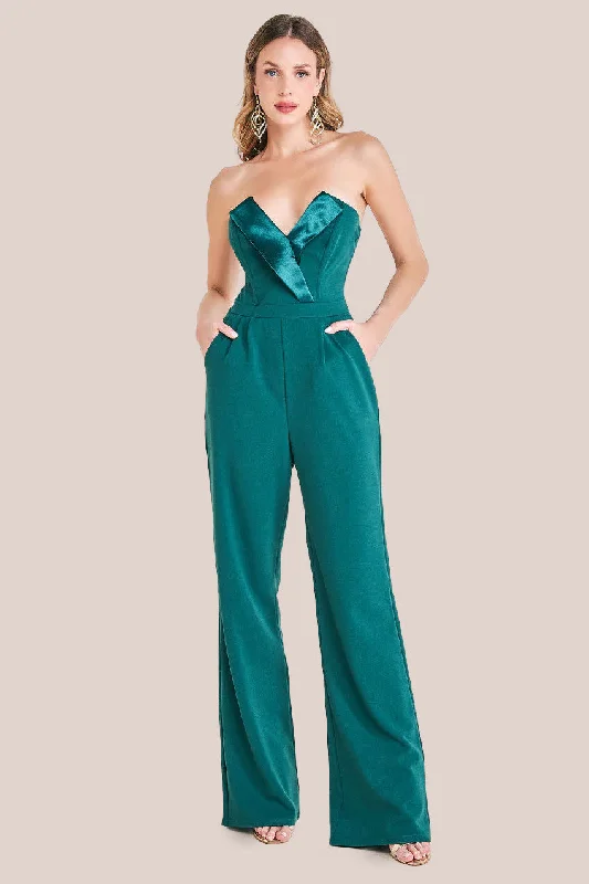 Goddiva Satin Collar Scuba Jumpsuit - Emerald Green Pleated satin jumpsuit, Elegant, Luxe, Chic Goddiva Satin Collar Scuba Jumpsuit - Emerald Green Pleated satin jumpsuit, Elegant, Luxe, Chic
