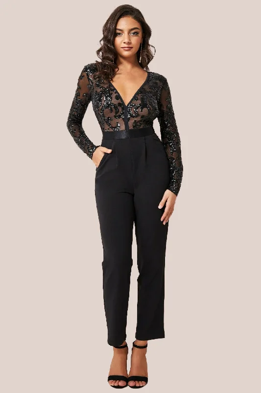 Goddiva Sequin Mesh Jumpsuit - Black Luxe jumpsuit, Elegant, Chic, Fashion-forward