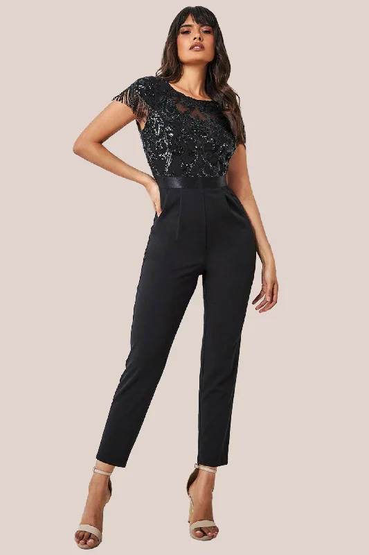 Goddiva Tassel Sequin Jumpsuit - Black Elegant black jumpsuit, Formal wear, Stylish, Chic Goddiva Tassel Sequin Jumpsuit - Black Elegant black jumpsuit, Formal wear, Stylish, Chic
