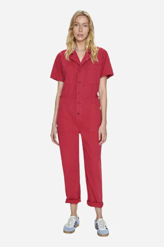 Pistola Grover Jumpsuit in Rouge Ruffle hem jumpsuit, Feminine, Trendy, Casual