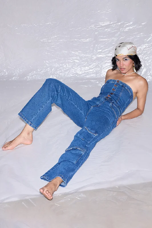 Indigo Denim Corset Cargo Jumpsuit Jumpsuit romper, Casual, Relaxed fit, Comfortable Indigo Denim Corset Cargo Jumpsuit Jumpsuit romper, Casual, Relaxed fit, Comfortable