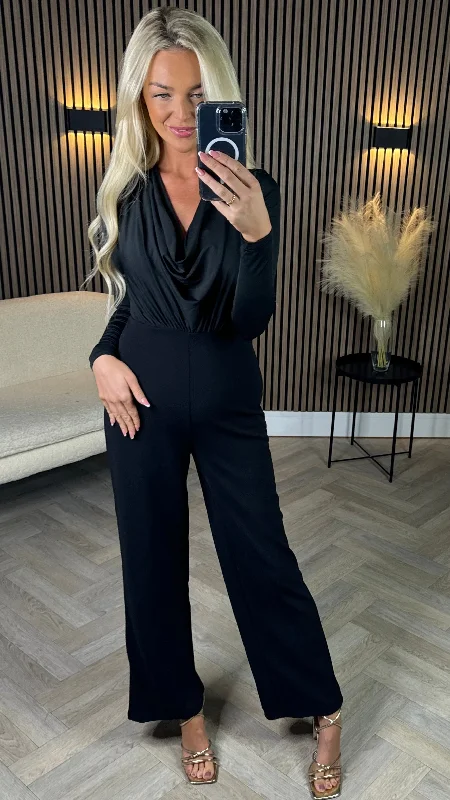 Kella Black Cowl Neck Long Sleeve Jumpsuit Wide-leg jumpsuit, Loose fit, Chic, Comfortable Kella Black Cowl Neck Long Sleeve Jumpsuit Wide-leg jumpsuit, Loose fit, Chic, Comfortable