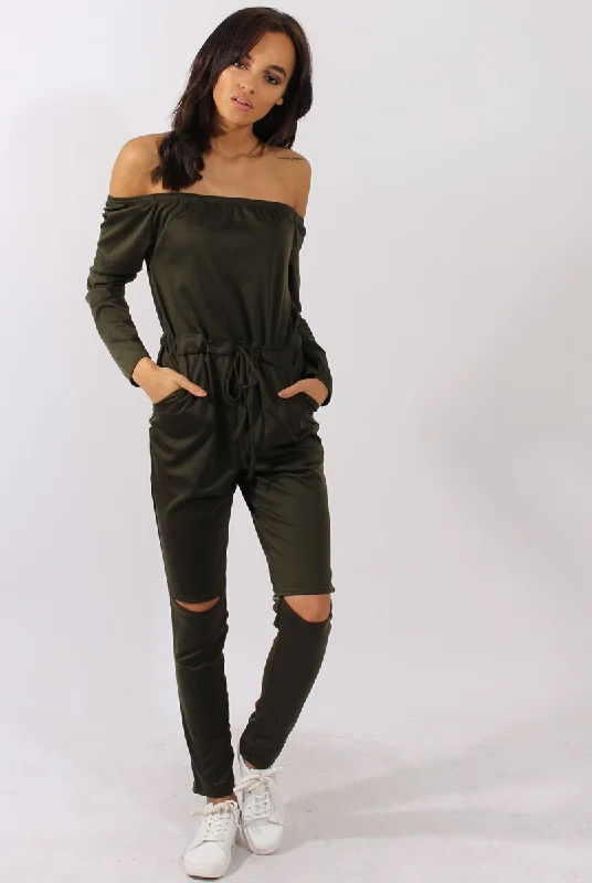 Khaki Bardot Split Knee Jumpsuit - Coran Strapless jumpsuit, Sexy, Party wear, Trendy Khaki Bardot Split Knee Jumpsuit - Coran Strapless jumpsuit, Sexy, Party wear, Trendy