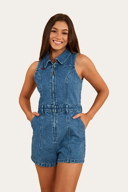 Mimi Womens Playsuit - Mid Wash Blue Trendy jumpsuit, Fashion-forward, Chic, Comfortable Mimi Womens Playsuit - Mid Wash Blue Trendy jumpsuit, Fashion-forward, Chic, Comfortable