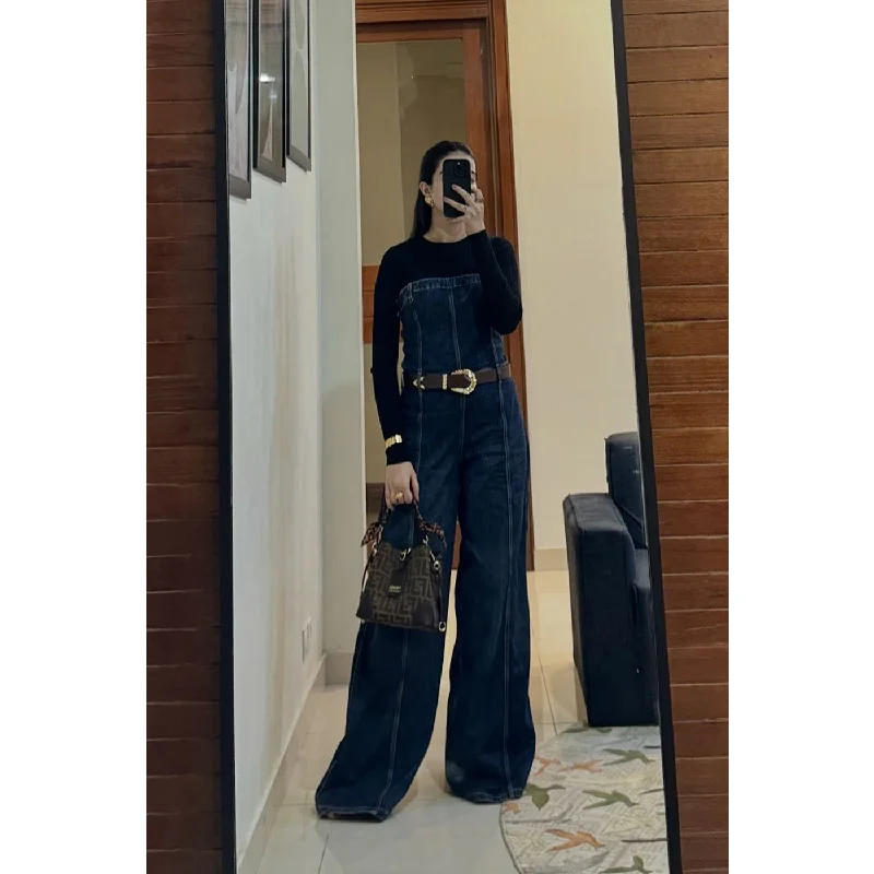 Dark Blue Denim Jumpsuit Slim fit jumpsuit, Tailored design, Chic, Stylish