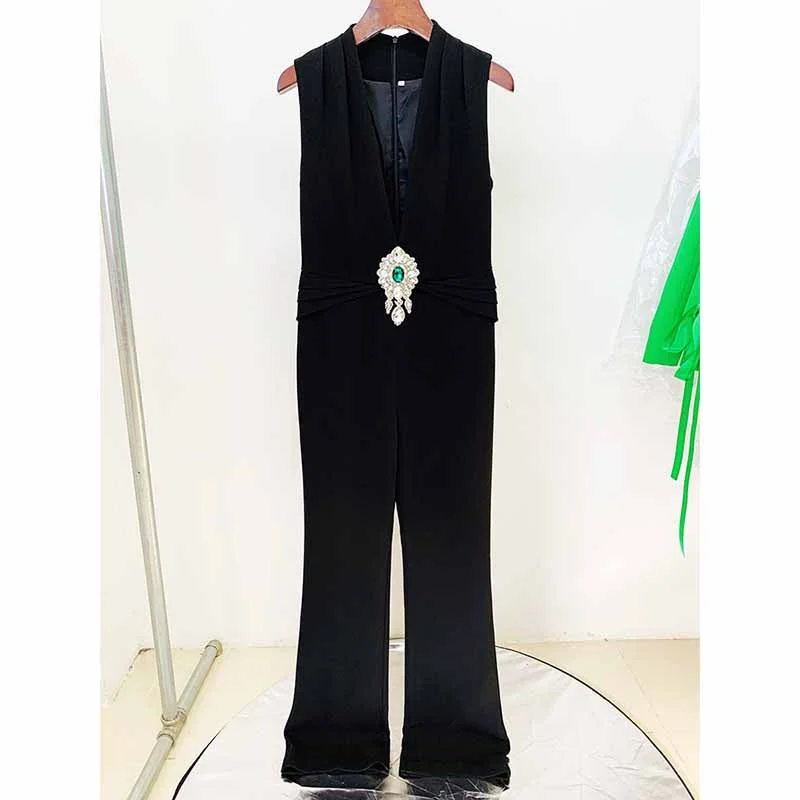 Women's Black Deep-V Studded Sleeveless Jumpsuit Vintage style jumpsuit, Retro chic, Casual, Comfortable Women's Black Deep-V Studded Sleeveless Jumpsuit Vintage style jumpsuit, Retro chic, Casual, Comfortable